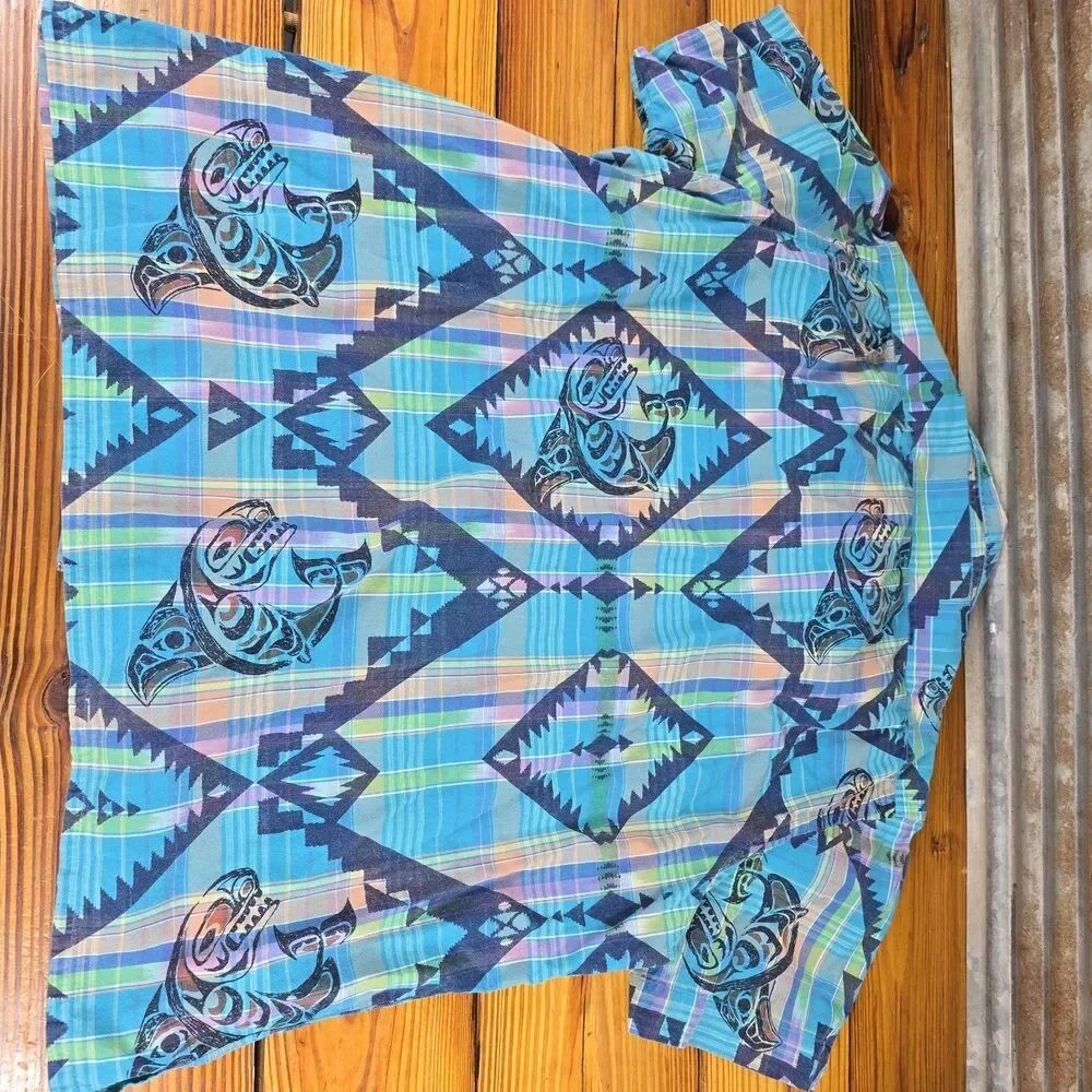 Polo Ralph Lauren Hawaiian Shirt Mens XL Blue Aztec Cotton Beach Plaid Shark EUC